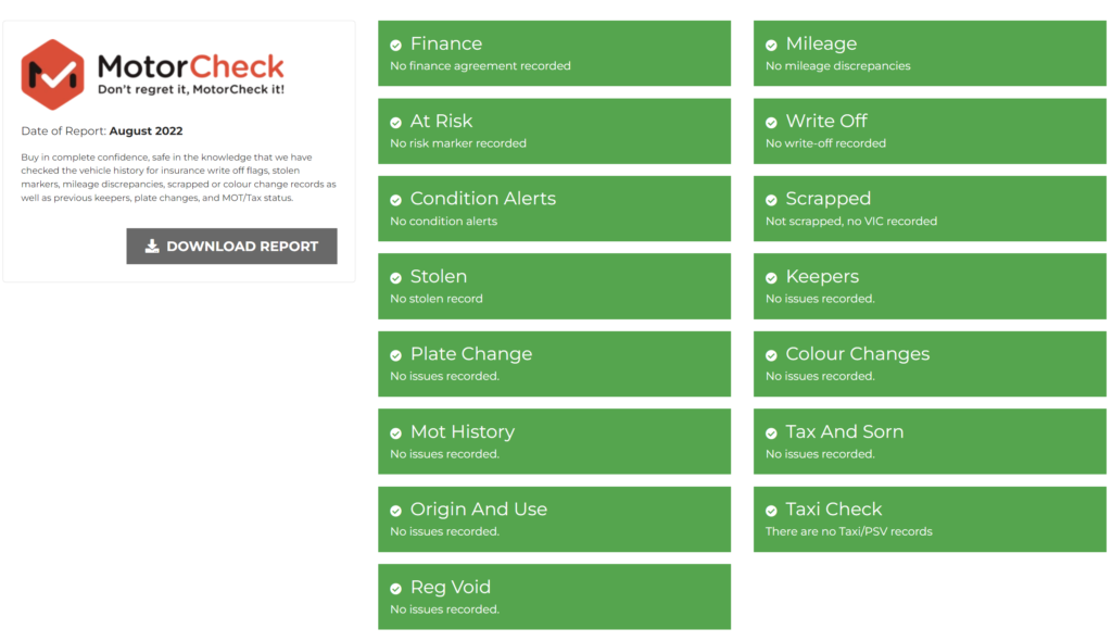 Vehicle history check results on a dealer website